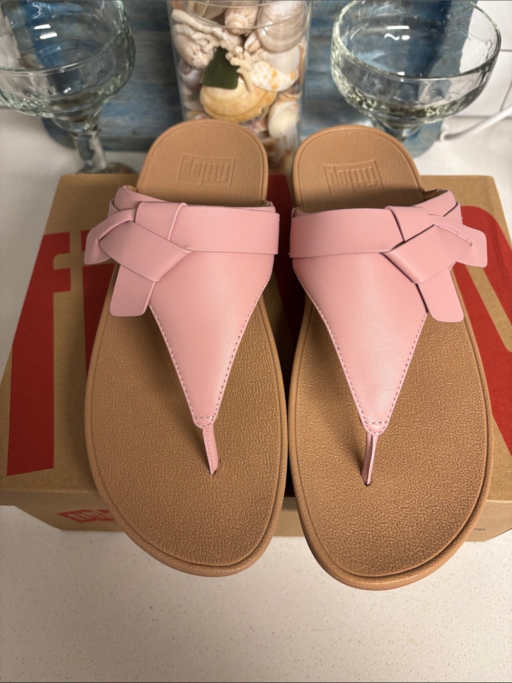 FitFlop Pink Lulu Folded-Knot Thong Sandals with Tan Footbed